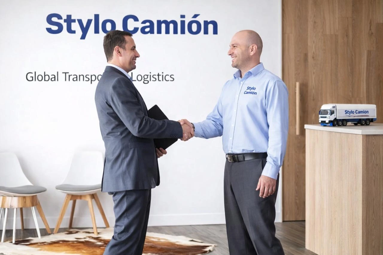 Francisco Spotuno, dueño de Stylo Camión, estrechando manos en acuerdo de transporte y logística global, imagen corporativa generada con inteligencia artificial